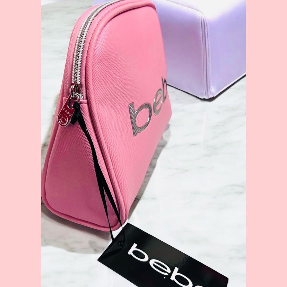 Beautiful BEBE Pink Large Brand Logo Cosmetic Bag